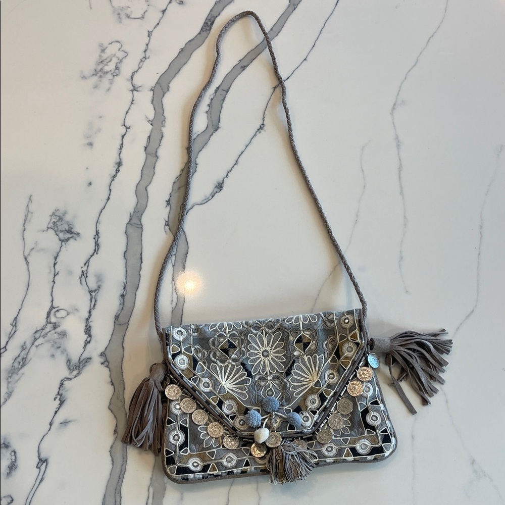 Embroidered Gray Tassel bohemian bag  by Iban Anthropologie purse